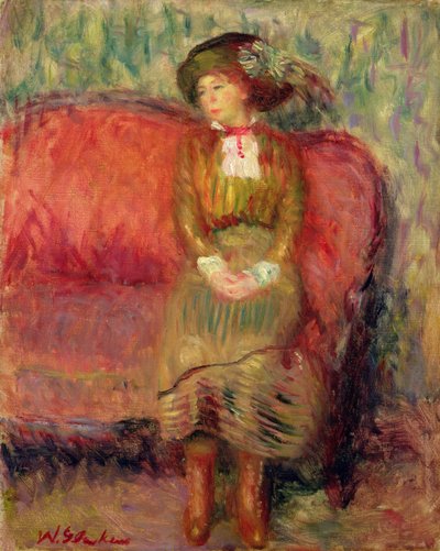 Girl Seated on a Red Sofa by William James Glackens